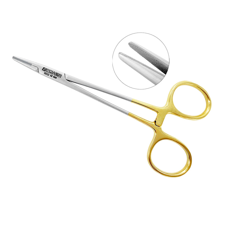 Halsey straight needle holder, 5.1 in (13 cm), with fine jaws, tungsten carbide gripping surfaces and gold-tone handles, SKU 5512