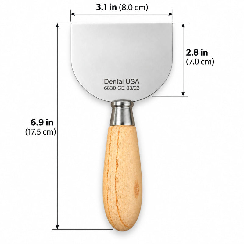 Hot Plate Spatula 6830 dimensions showing 6.9 in overall length and approximately 3.1 × 2.8 in working plate