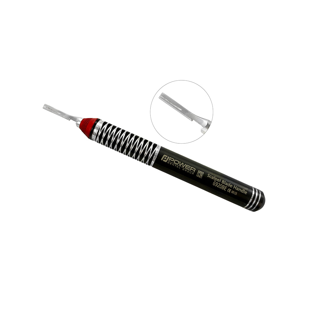 Implant Surgery Scalpel Handle Ø13 mm – Black Edition, angled view (Bard-Parker #3 compatible)