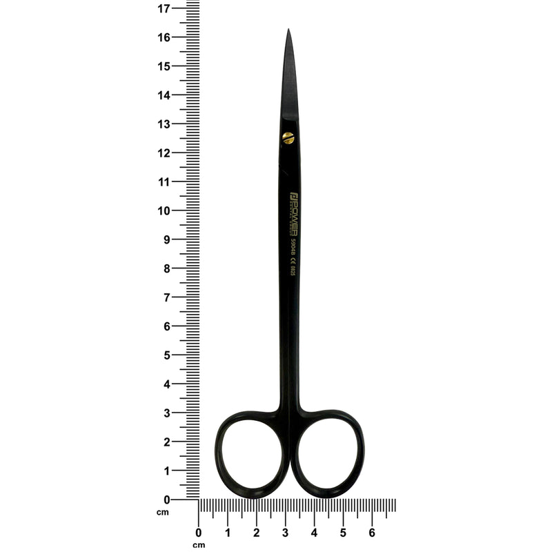 Kelly Super Cut Suture Scissors – Straight, 6.3 in (16 cm) – Black Titanium with measurement reference