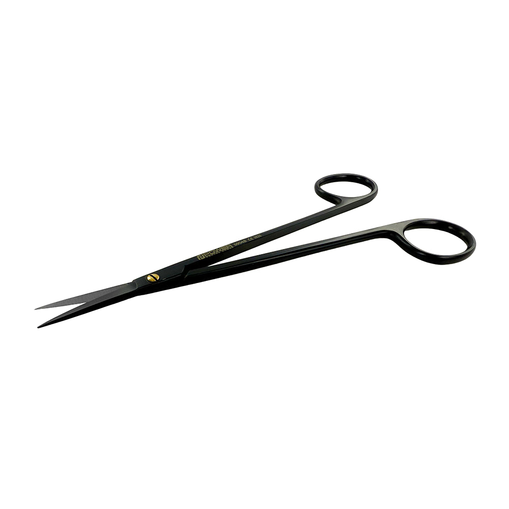 Angled view of straight Kelly Super Cut suture scissors with black titanium finish