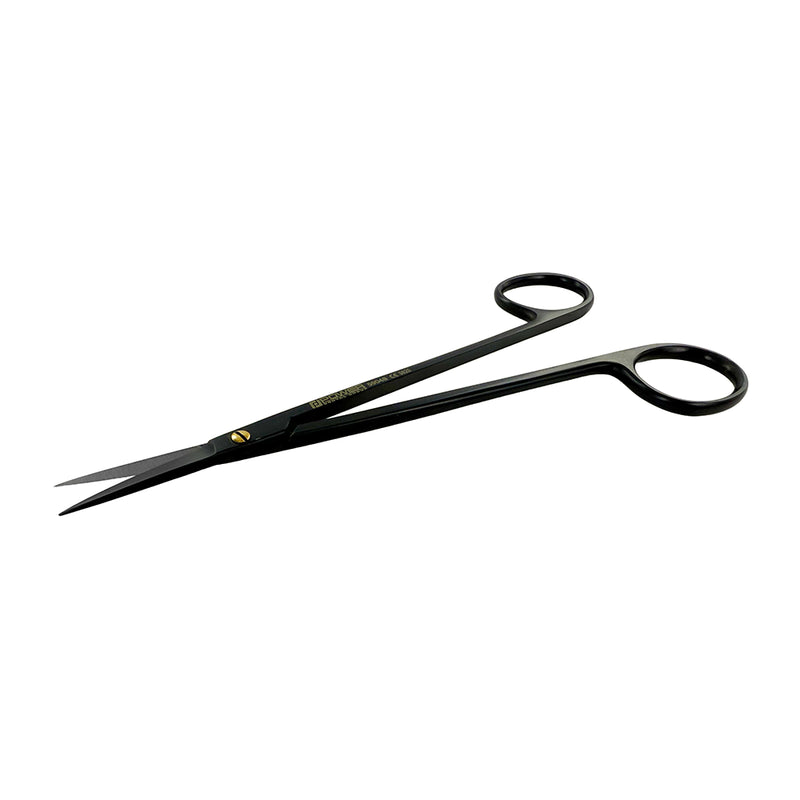 Angled view of straight Kelly Super Cut suture scissors with black titanium finish