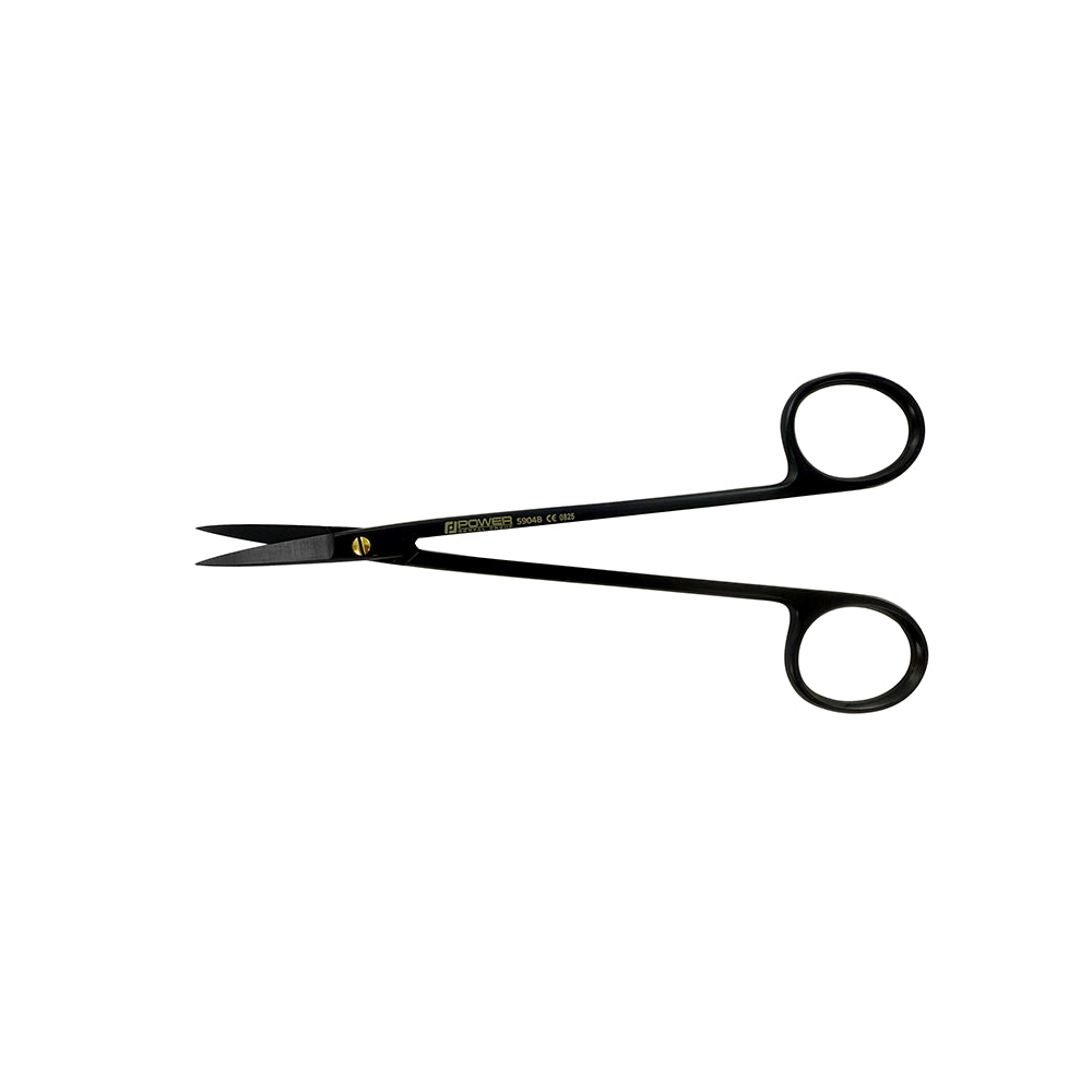 Open view of straight Kelly Super Cut suture scissors with black titanium finish
