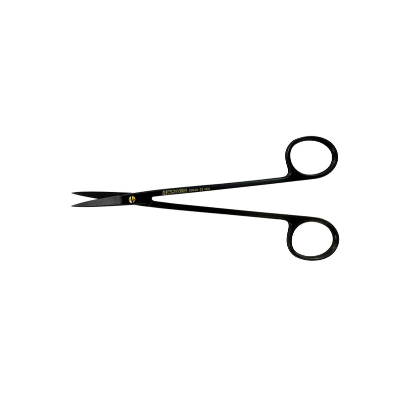 Open view of straight Kelly Super Cut suture scissors with black titanium finish