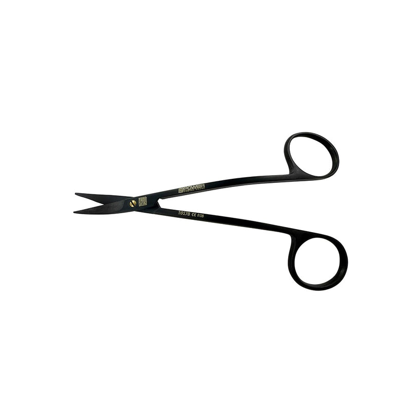 Full instrument view of double-curved LaGrange Super Cut suture scissors with black titanium finish