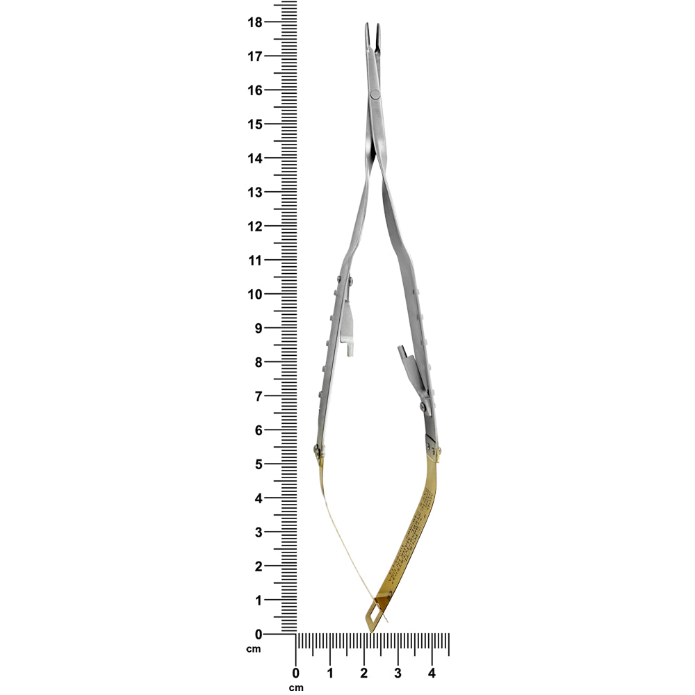 LASCHAL Castroviejo lock needle holder with ruler showing 17.75 cm overall length
