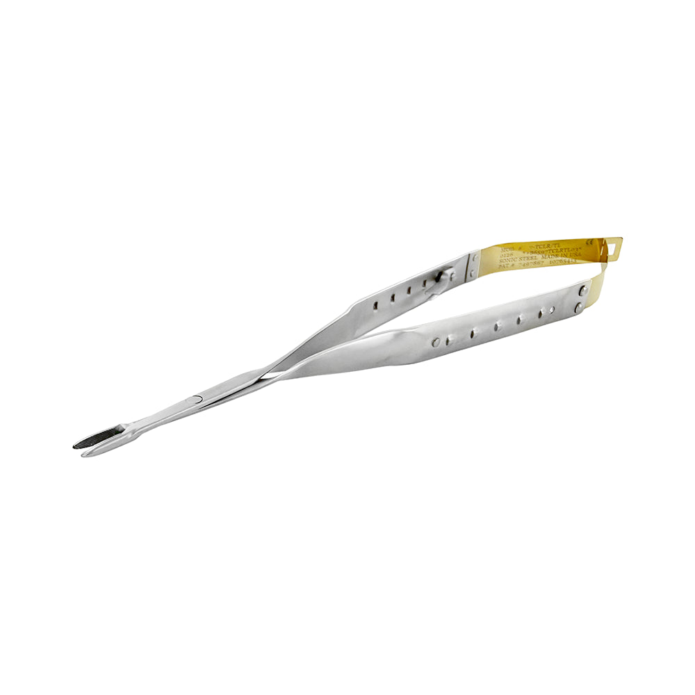 Angled view of LASCHAL Castroviejo lock needle holder with round spring handle