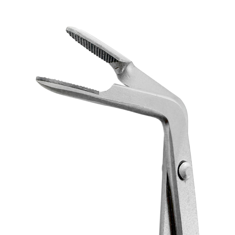 Close-up of 75 degree angled jaws on LASCHAL Universal RAPTOR Forceps