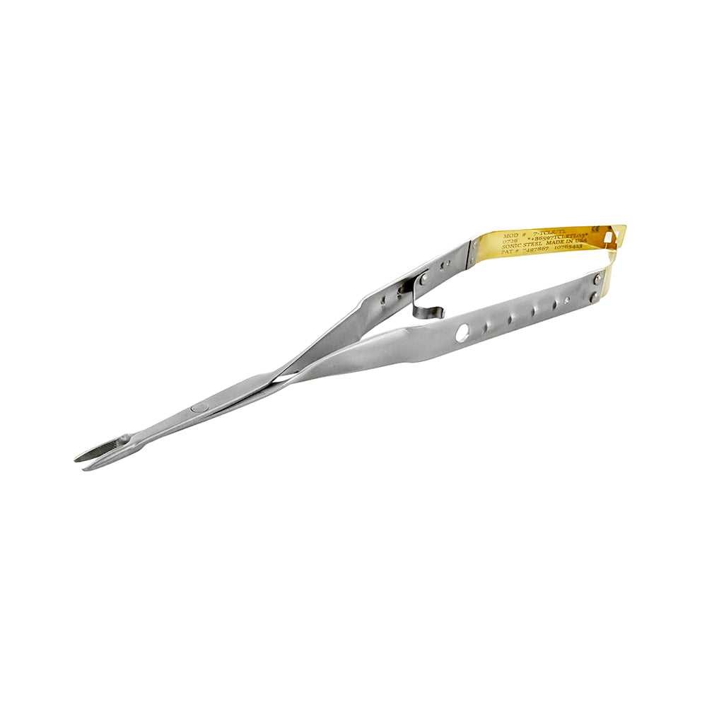 Angled view of LASCHAL Thumlok needle holder with round spring handle