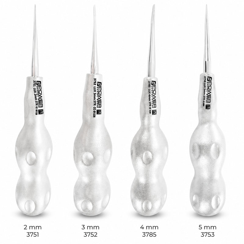 Luxator Kit – Straight Luxators 2 mm, 3 mm, 4 mm, and 5 mm Front View