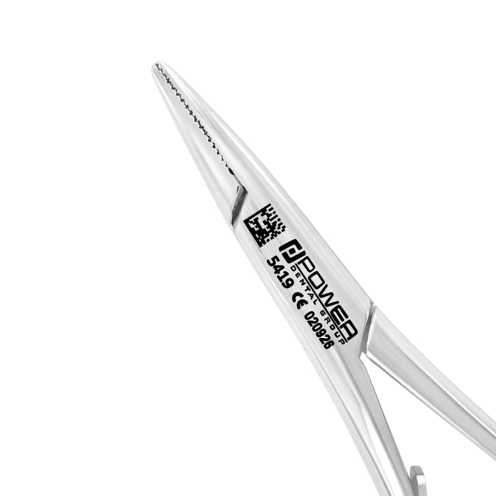 Macro view of the fine serrated gripping surfaces on Mathieu needle holder SKU 5419