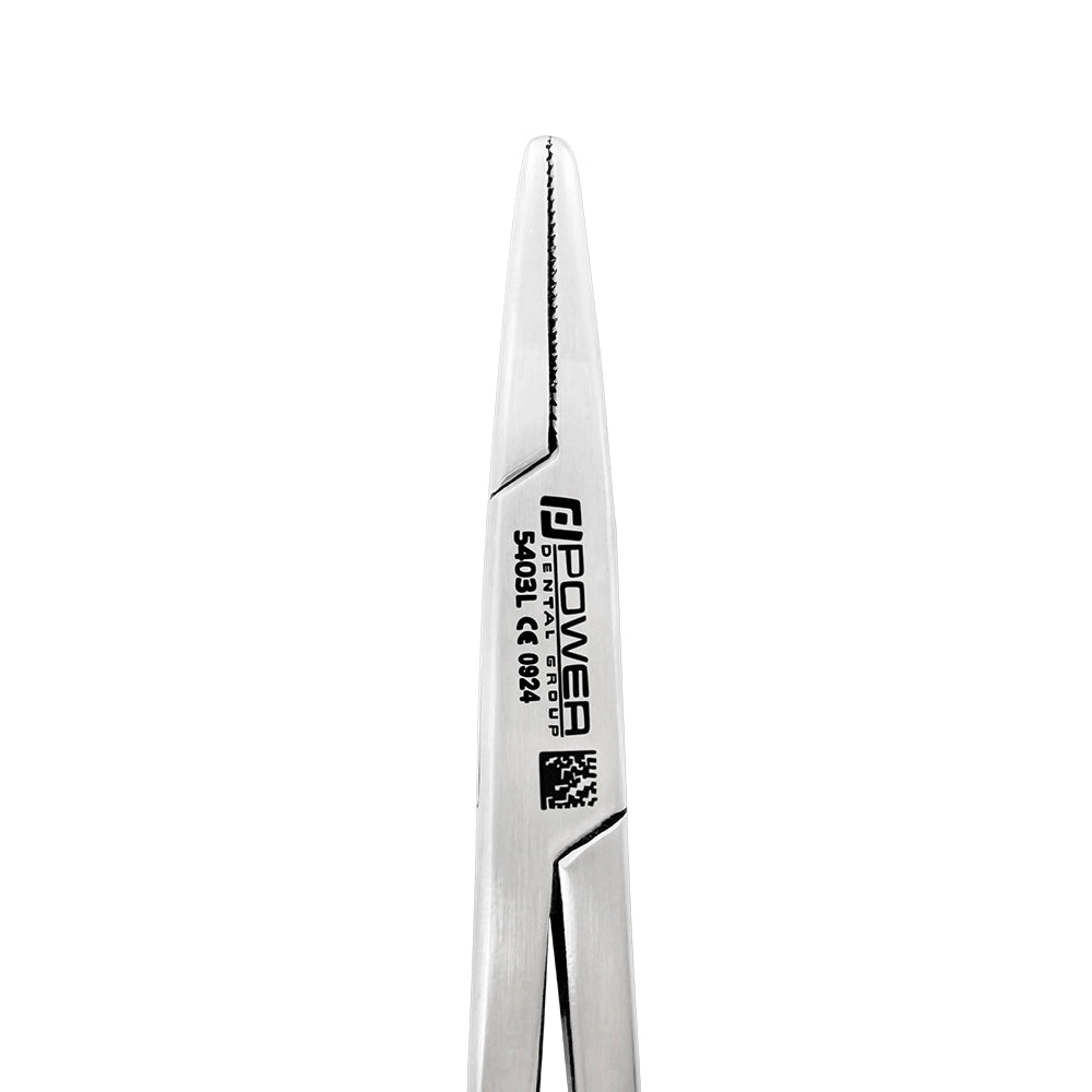 Macro detail of the needle-gripping tips on Mayo–Hegar needle holder SKU 5403L