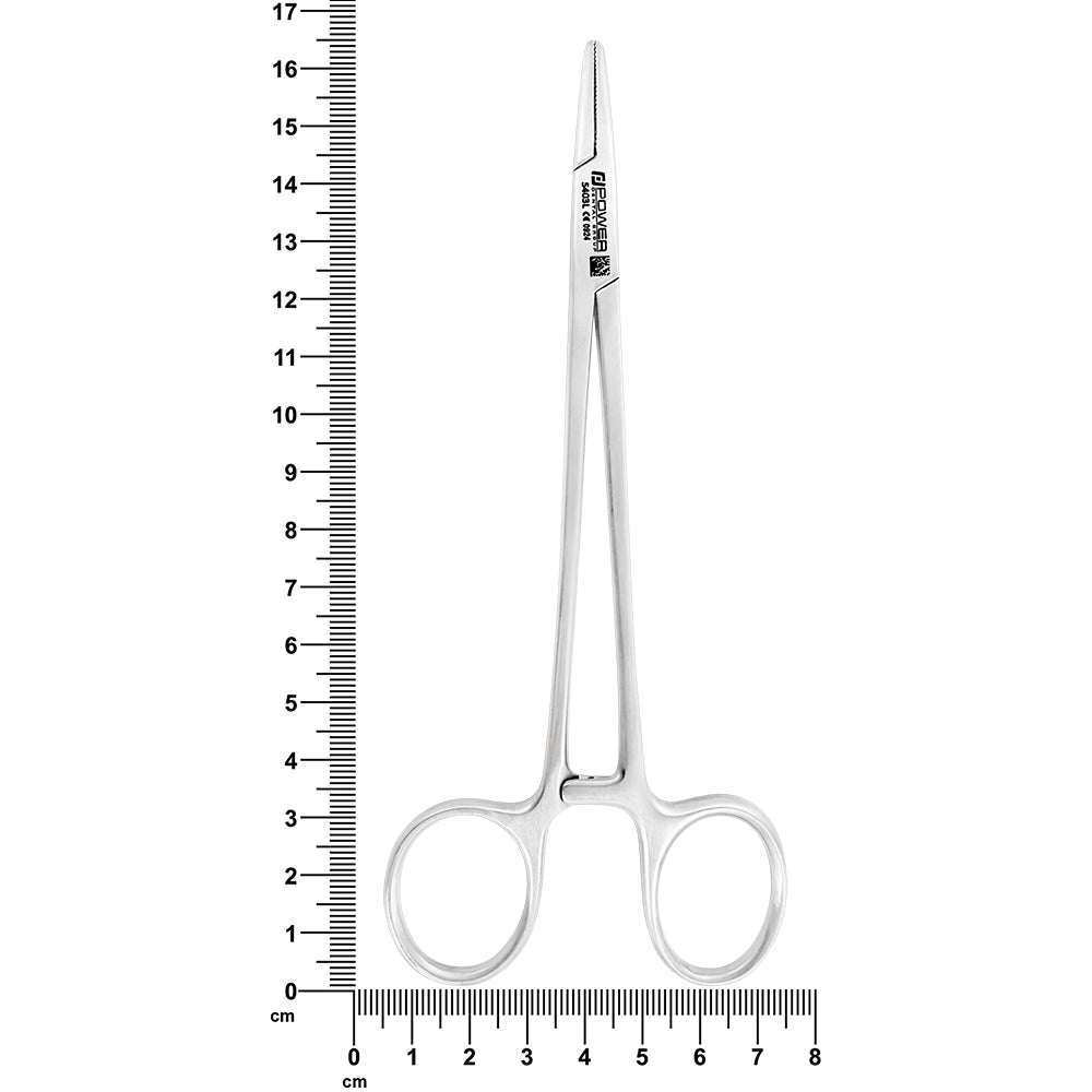 16 cm Mayo–Hegar needle holder, SKU 5403L, photographed alongside a measuring ruler