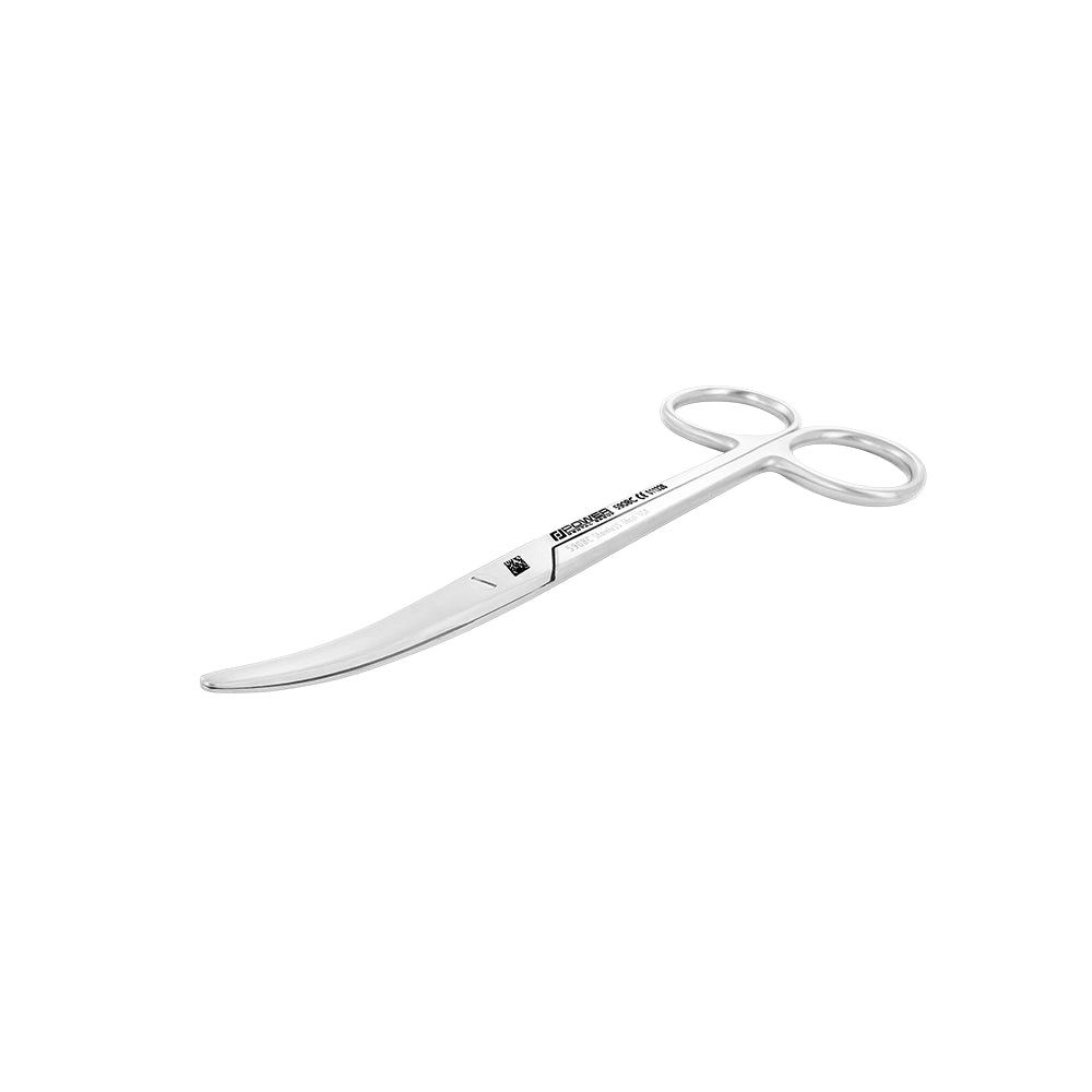 Angled view of curved Metzenbaum scissors with stainless-steel handles and fine blades