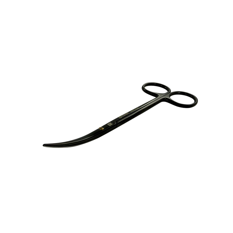 Angled view of curved black titanium Metzenbaum Super Cut suture scissors