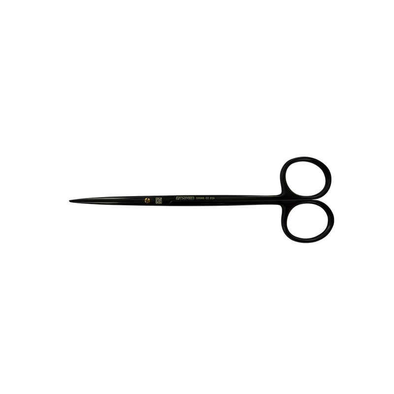 Angled view of straight black titanium Metzenbaum Super Cut suture scissors