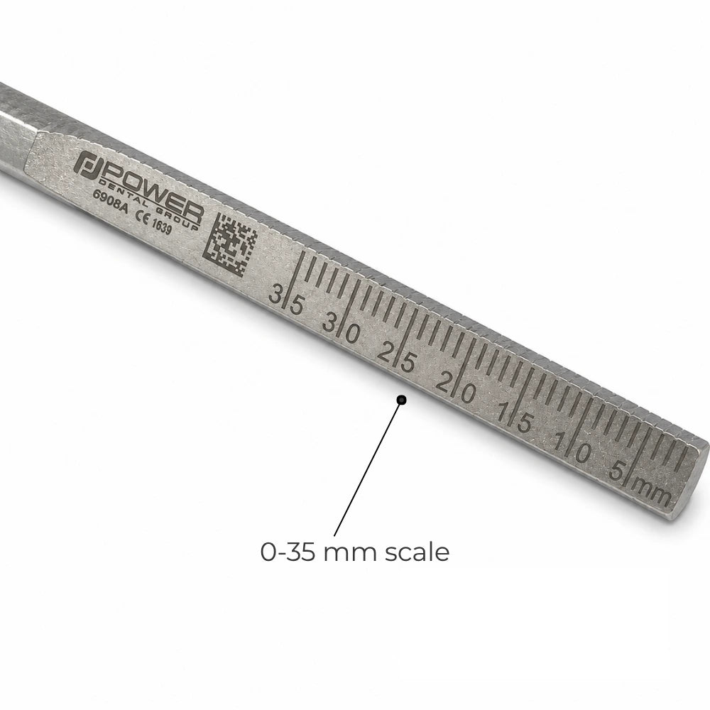 Close-up of Mirror Handle – Thin Octagon with 0–35 mm measurement scale