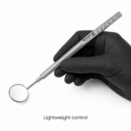 Mirror Handle – Thin Octagon, Ø6 mm shown in black-gloved hand for lightweight control