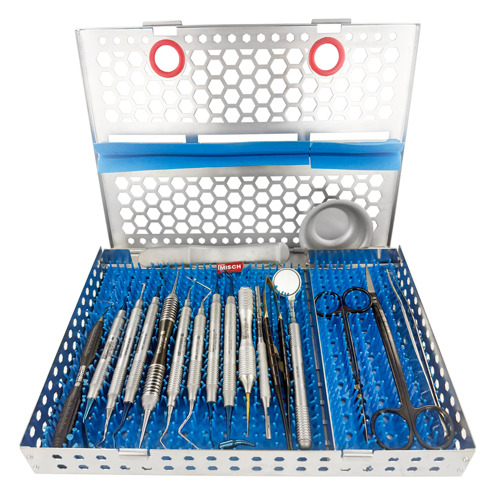 Misch Implant Institute Surgical Kit with 18 periodontal and implant instruments in stainless steel sterilization cassette