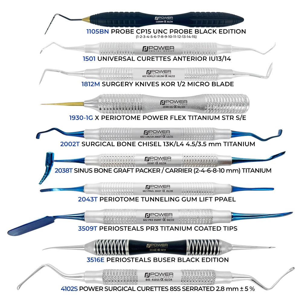 Full instrument layout of Misch Implant Institute periodontal and implant surgical kit including probes, periotomes, elevators and scissors