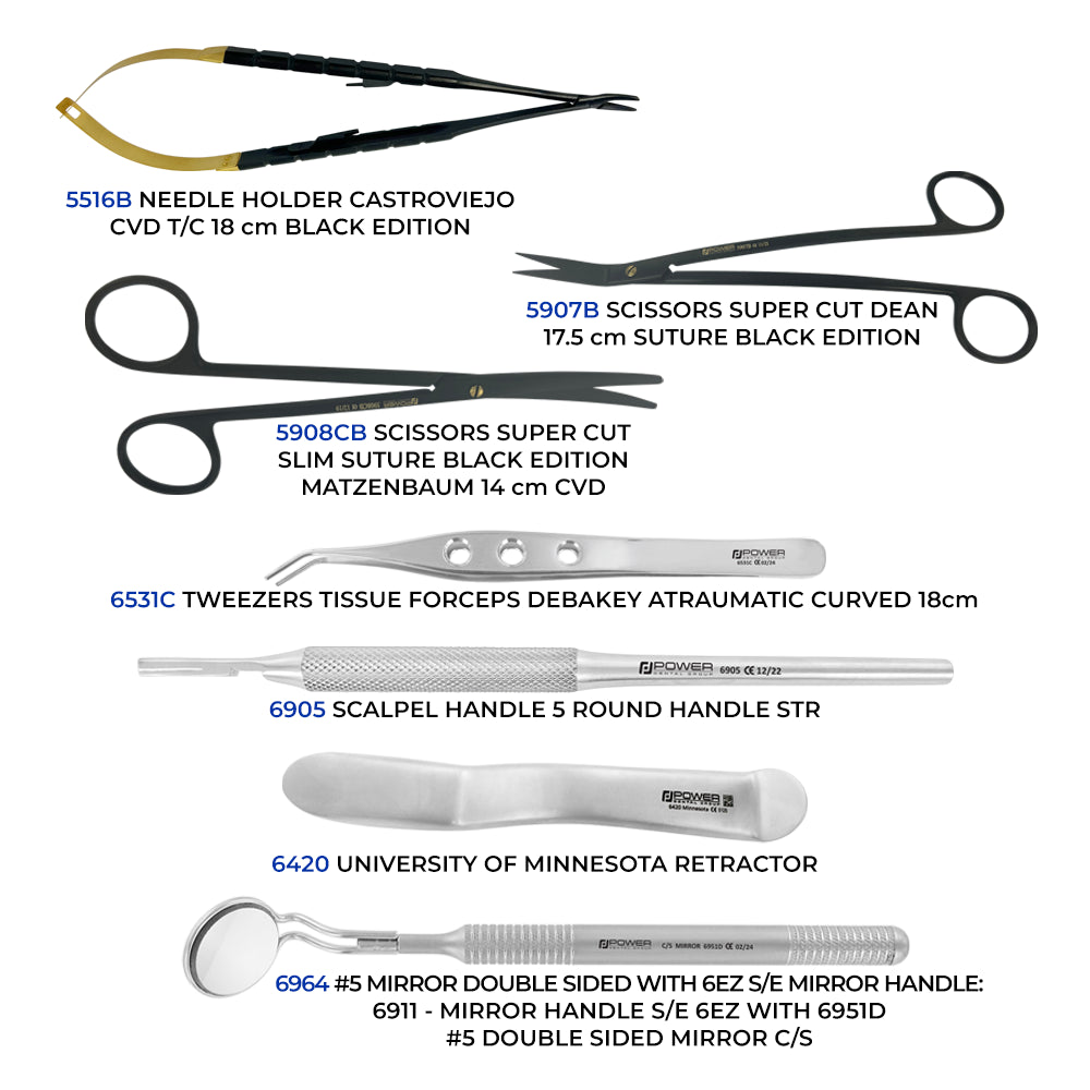 Full instrument layout of Misch Implant Institute periodontal and implant surgical kit including probes, periotomes, elevators and scissors