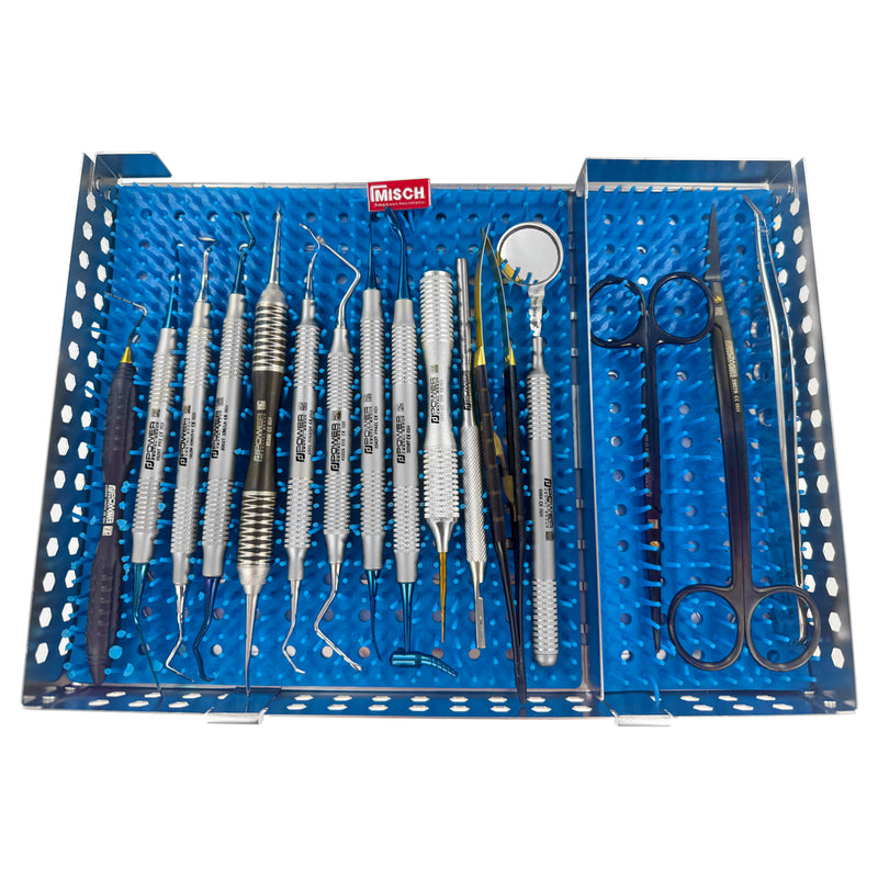 Top view of Misch Implant Institute 18-piece surgical instrument kit organized in blue silicone rack inside cassette