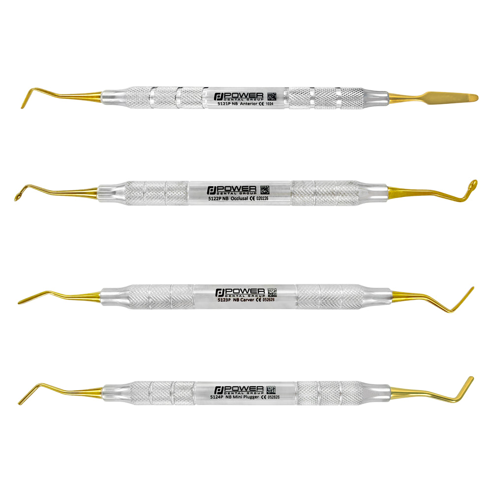 Included instruments in the NB Composite Instrument Kit, Titanium – Set of 4: anterior, occlusal, interproximal carver, and round-ended mini plugger