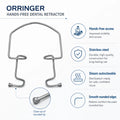 Feature infographic for the Orringer Hands-Free Dental Retractor showing hands-free access, stainless steel construction, steam autoclavable design, and smooth rounded edges