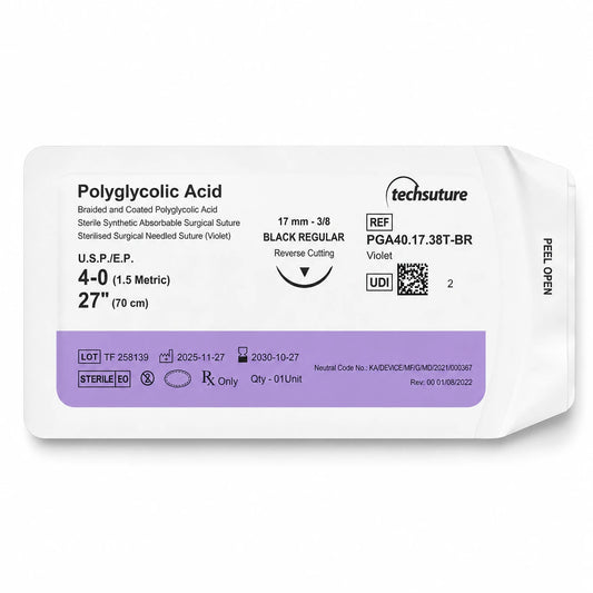 Techsuture PGA 4-0 absorbable suture single sterile sachet 17 mm 3/8 circle black regular 70 cm