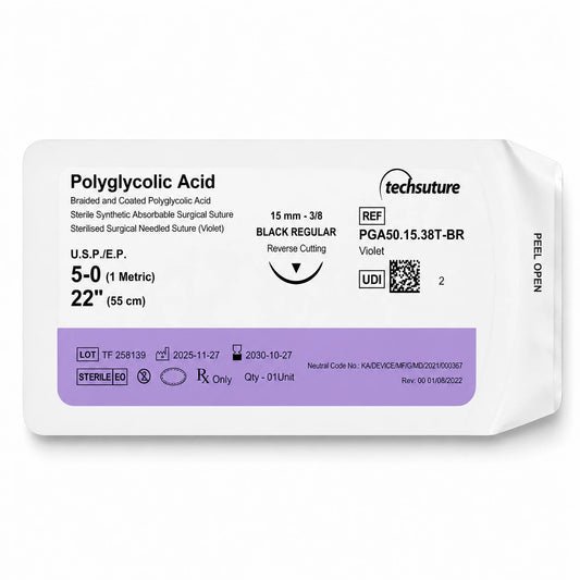 Techsuture PGA 5-0 absorbable suture single sterile sachet 15 mm 3/8 circle black regular 55 cm
