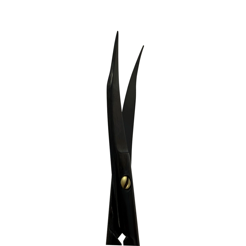 Close-up of the blades on Power Bow Goldman-Fox Scissors – Curved, 4.9 in (12.5 cm) – Black Titanium