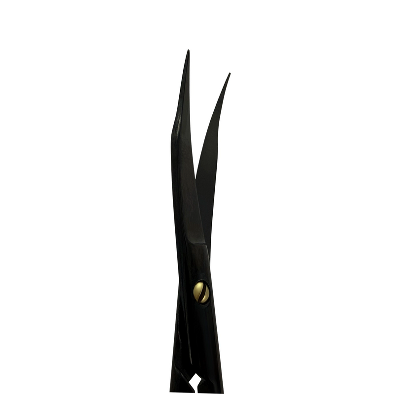 Close-up of the blades on Power Bow Goldman-Fox Scissors – Curved, 4.9 in (12.5 cm) – Black Titanium