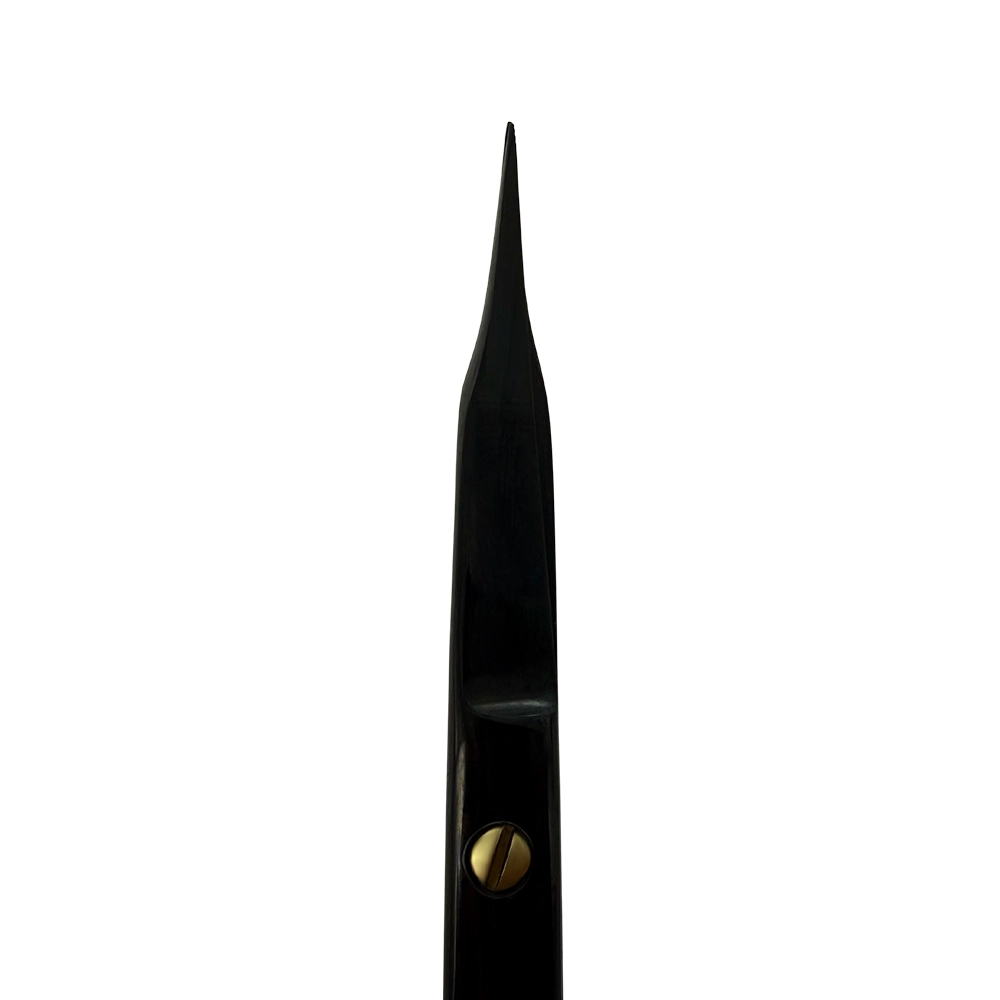 Pointed tip close-up of Power Bow Goldman-Fox Scissors – Curved, 4.9 in (12.5 cm) – Black Titanium