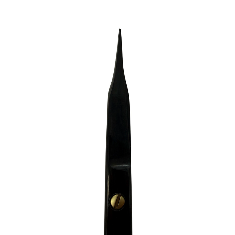 Pointed tip close-up of Power Bow Goldman-Fox Scissors – Curved, 4.9 in (12.5 cm) – Black Titanium
