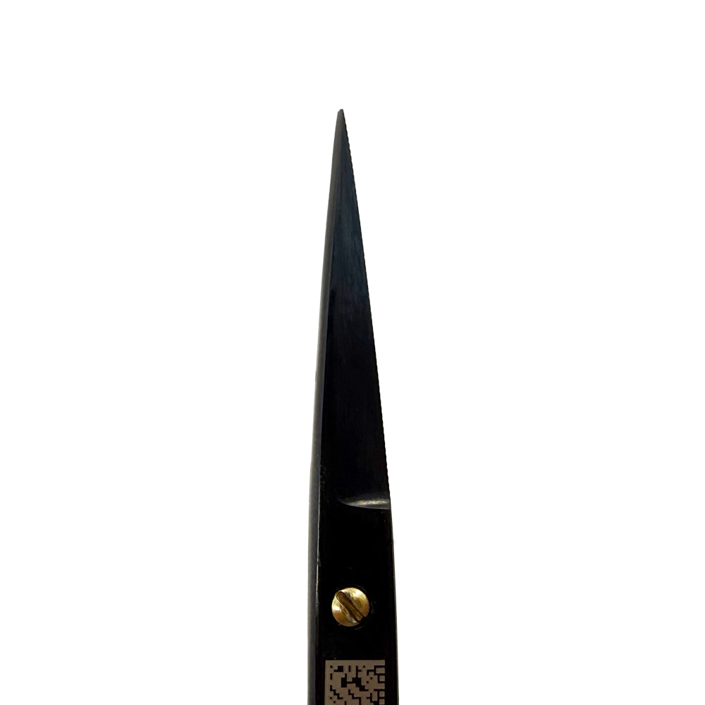 Fine blade tip detail of Power Bow iris scissors with black titanium coating
