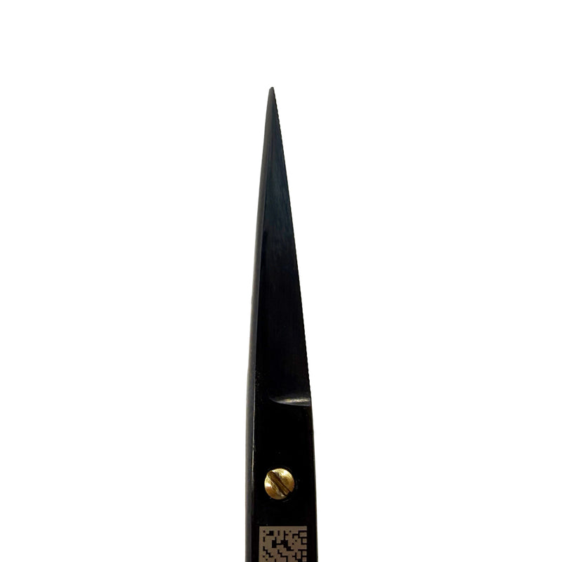 Fine blade tip detail of Power Bow iris scissors with black titanium coating