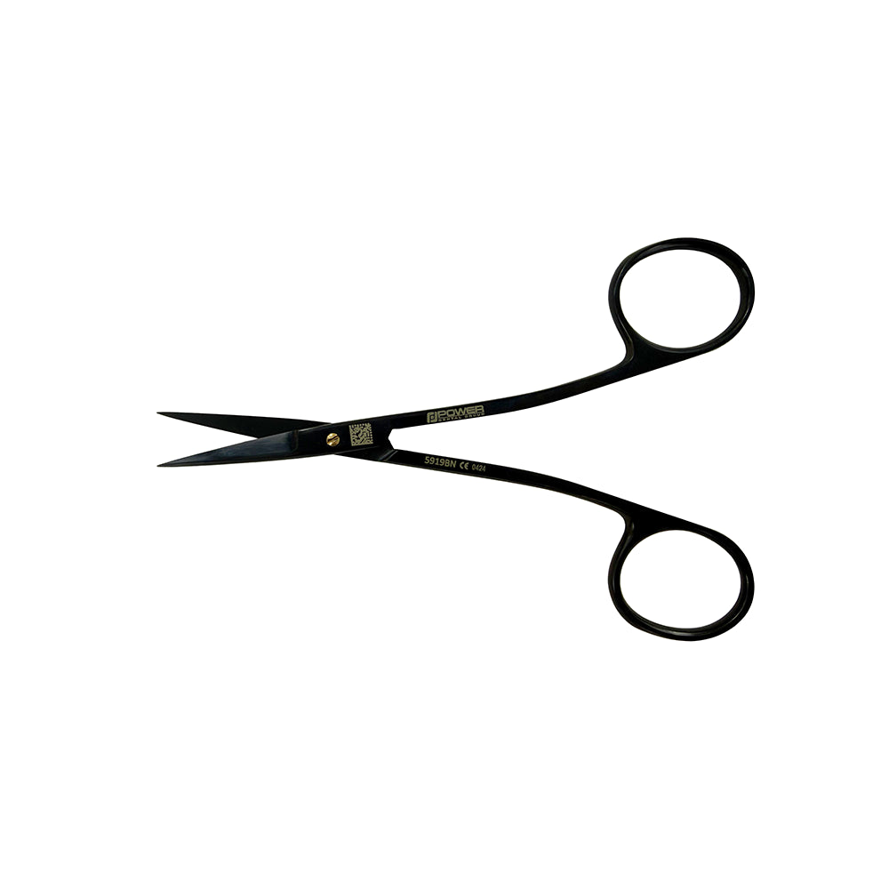 Open view of straight Power Bow Iris scissors with black titanium finish