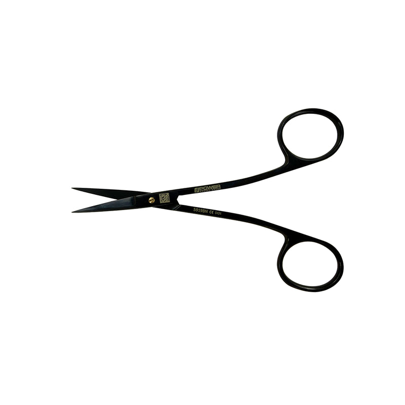 Open view of straight Power Bow Iris scissors with black titanium finish