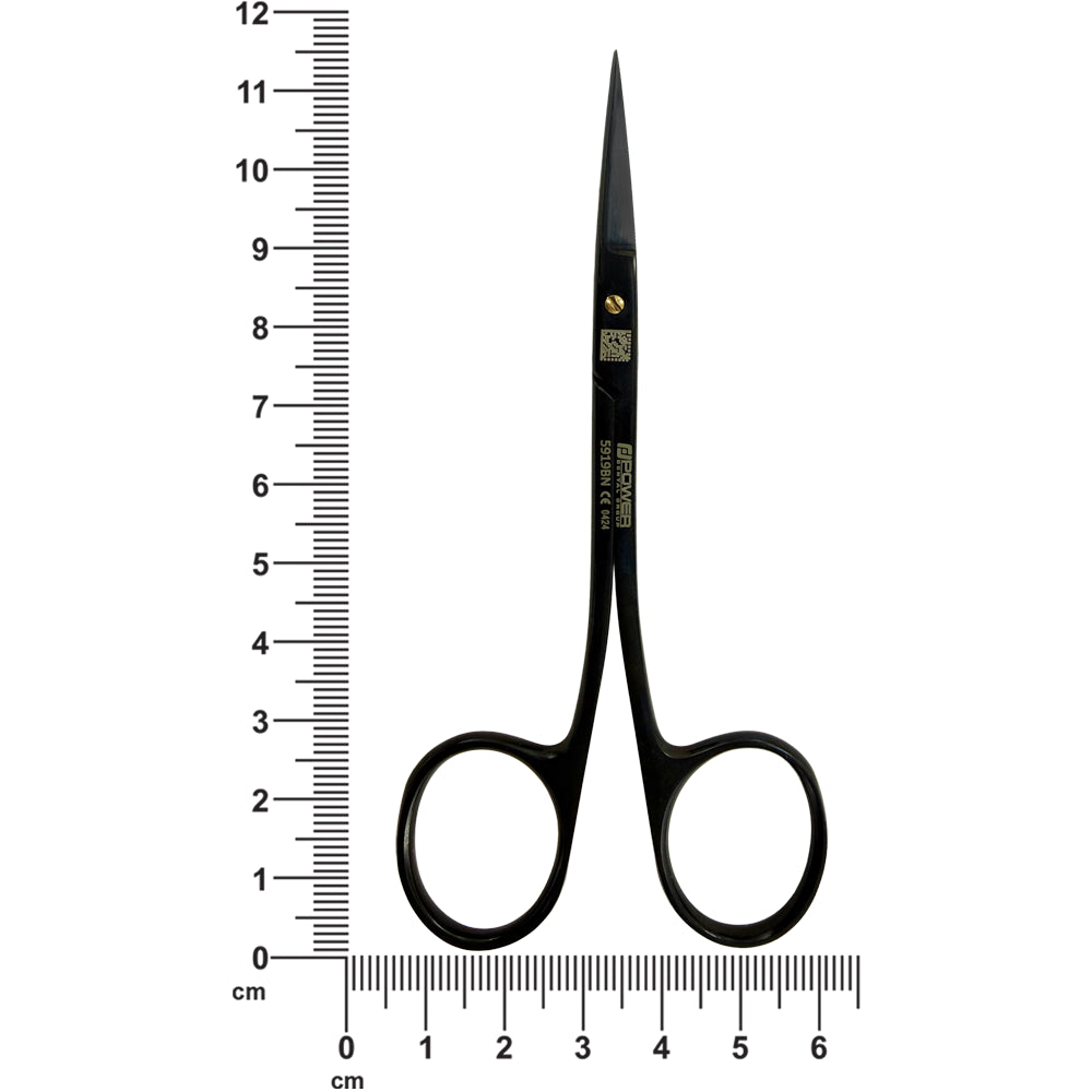Power Bow Iris Scissors, titanium straight design, 11.5 cm length, Black Edition, shown with measurement ruler