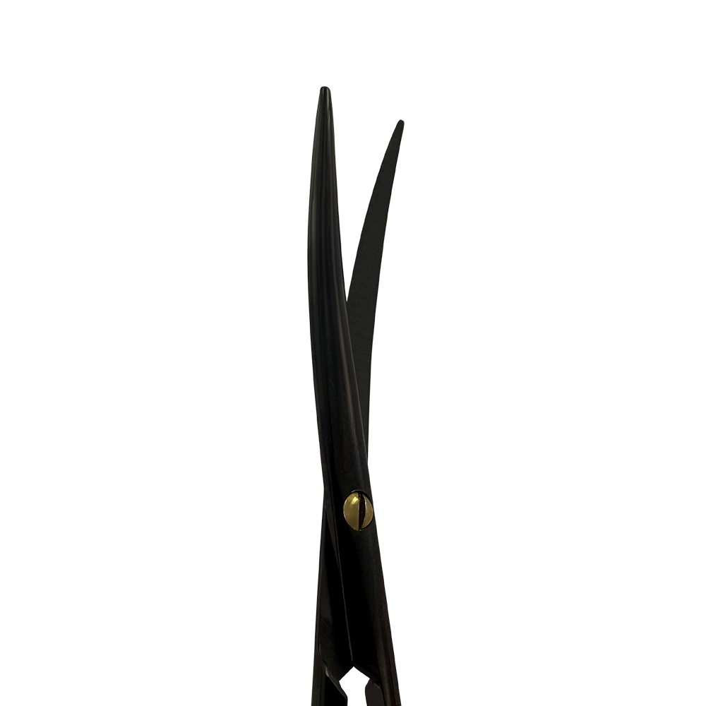 Close-up of the fine-serrated blade on curved Power Bow Metzenbaum scissors