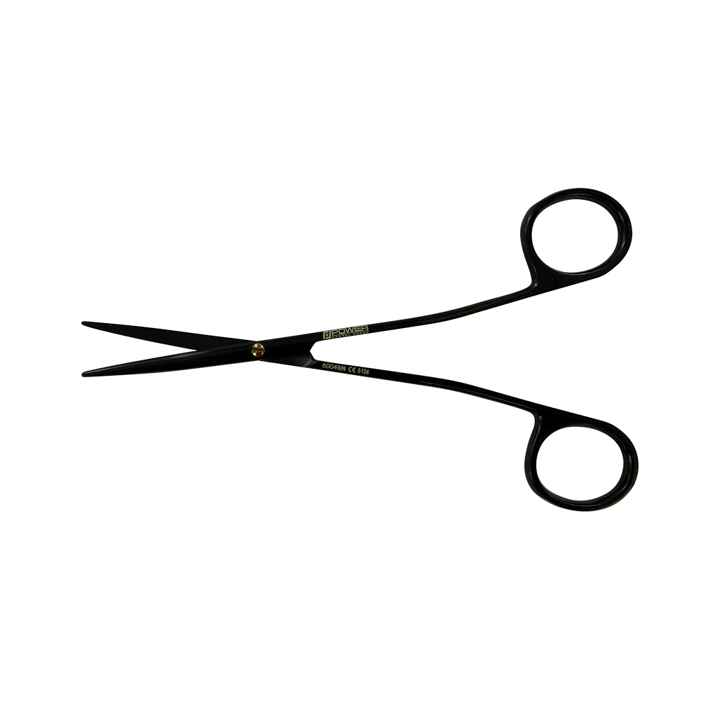 Open view of curved Power Bow Metzenbaum scissors with Black Titanium finish