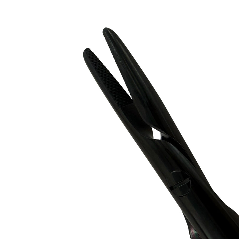 Tungsten carbide gripping surface detail on black titanium finish Castroviejo needle holder