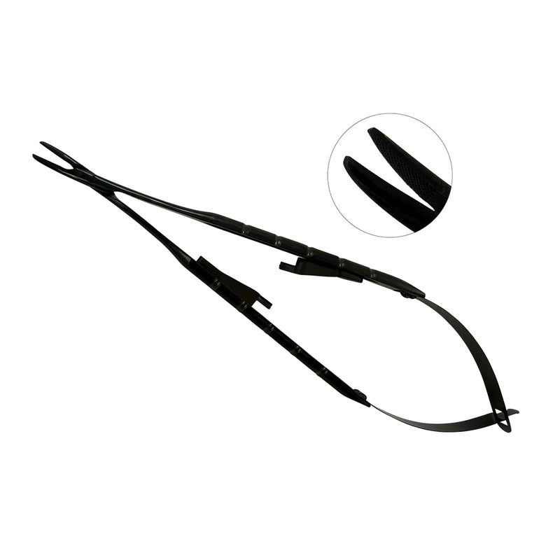 Power Castroviejo curved needle holder with black titanium finish and carbide gripping jaws, 16 cm