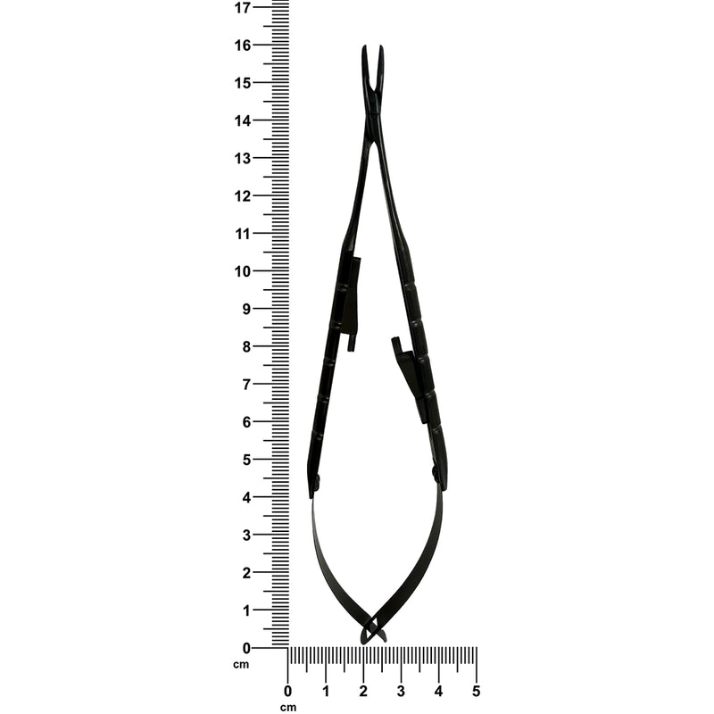 Power Castroviejo curved needle holder shown with ruler indicating 16 cm length