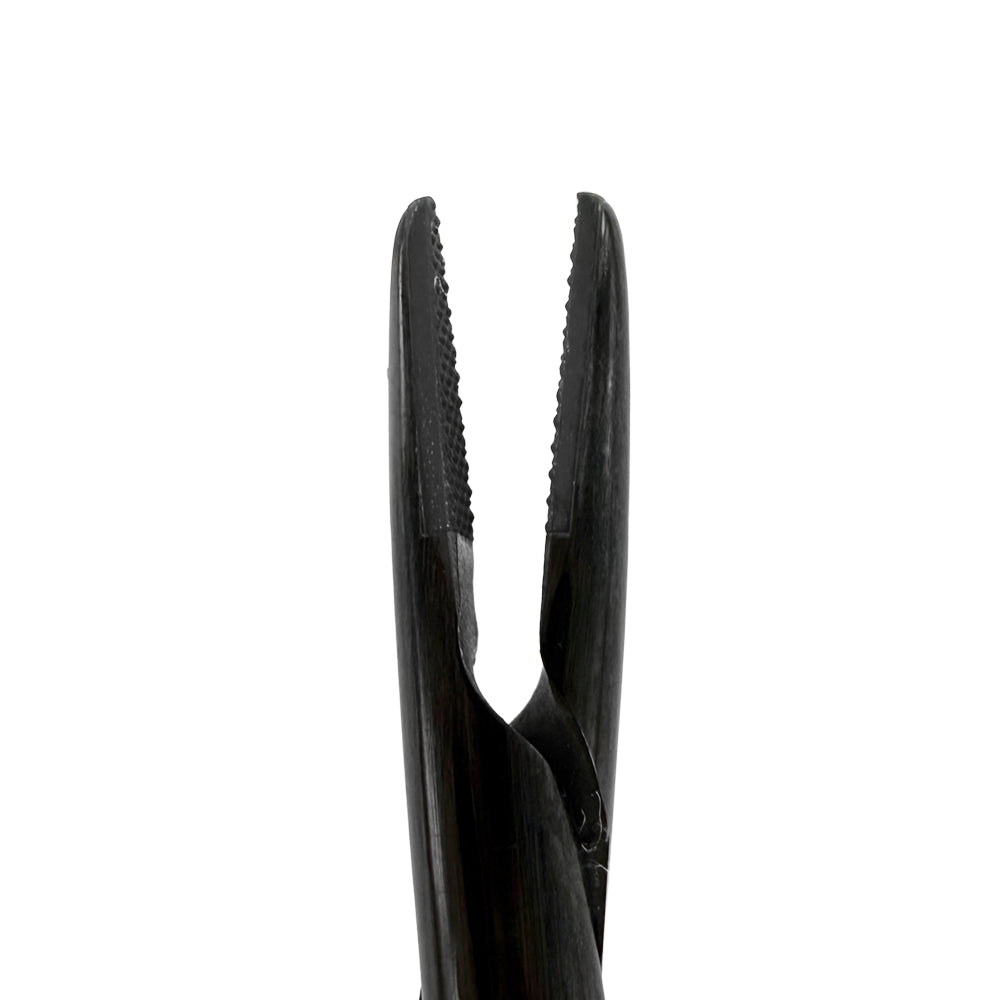 Fine jaw detail of straight Castroviejo needle holder, titanium Black Edition