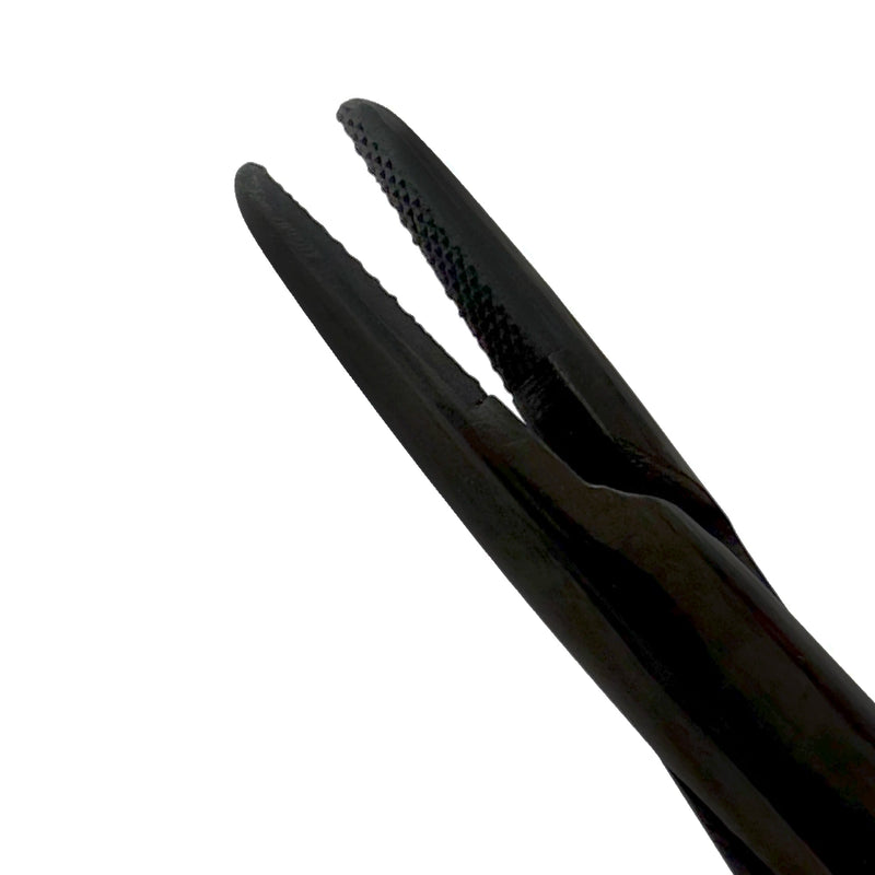Close-up detail of the Power Castroviejo straight 18 cm needle holder in black titanium finish