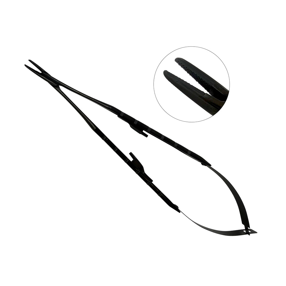 Power Castroviejo straight needle holder, 7.1 in (18 cm), with black titanium finish and tungsten carbide jaws