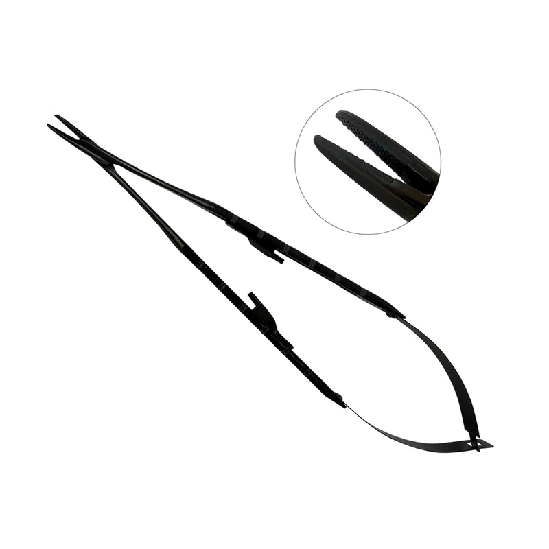 Power Castroviejo straight needle holder, 7.1 in (18 cm), with black titanium finish and tungsten carbide jaws