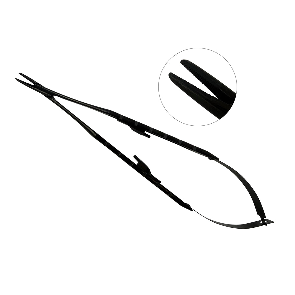 Power straight Castroviejo needle holder, Black Titanium with tungsten carbide gripping jaws, 18.5 cm