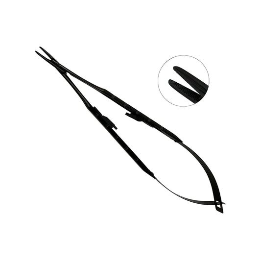 Power Castroviejo straight needle holder with black titanium finish, tungsten carbide jaws and 6.3 in (16 cm) length